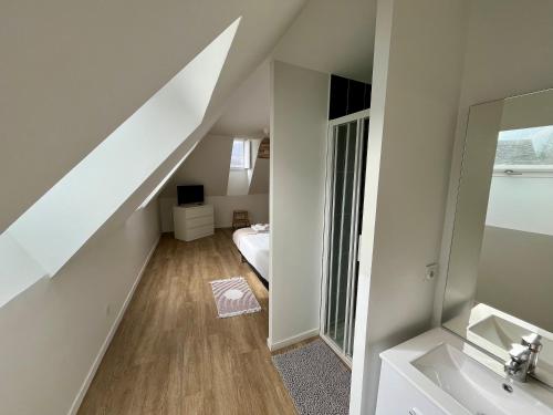 an attic bathroom with a sink and a mirror at Le Mandragot - Séjour en Aspe in Bedous