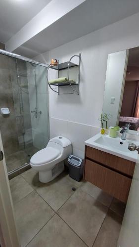 a bathroom with a toilet and a shower and a sink at Apartamento Varela in Lima