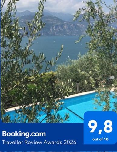 a picture of a swimming pool with a view of the water at Appartamento Venzo in Brenzone sul Garda
