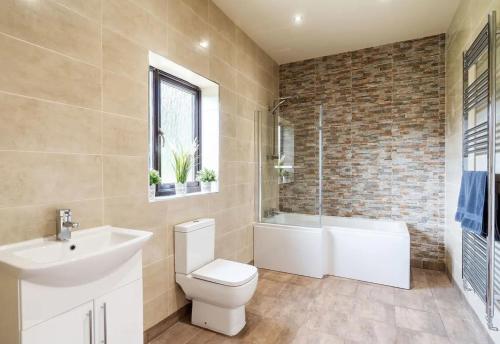 a bathroom with a toilet and a sink and a tub at Beech Tree Park Cottages in Hatfield