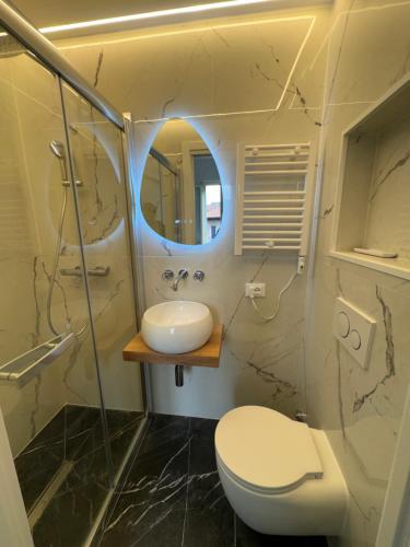 a bathroom with a toilet and a sink and a mirror at Experience Hotel Antico Capon in Venice