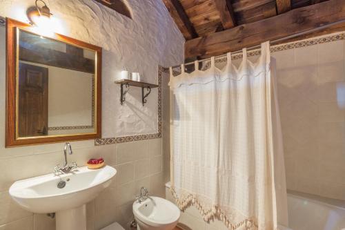 a bathroom with a sink and a shower curtain at LA DEHESILLA in Madriguera