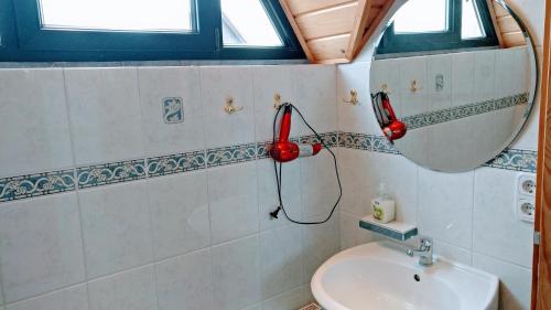 a bathroom with a toilet and a mirror at Dabki Village - Villa Rena in Dąbki