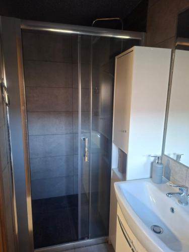 a shower with a glass door next to a sink at Domek na Podgrabiu in Łącko