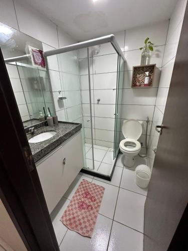 a bathroom with a shower and a toilet and a sink at Flat 1218, no residencial monte castelo in Bezerros