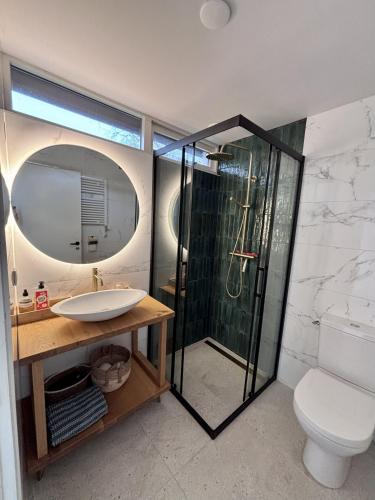 a bathroom with a shower and a sink and a toilet at Beach Hangout Hygge in Den Burg