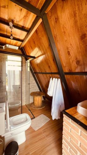 a bathroom with a toilet and a glass shower at Cabana do sol Chalés Vero Verde in Serra Negra