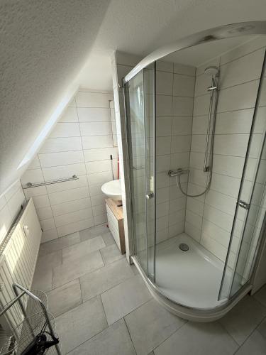 a bathroom with a shower and a toilet and a sink at FeWo Heaven in Winterberg