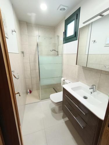 ein Badezimmer mit Toilette, Waschbecken und Dusche in der Unterkunft Trisquel 2 in Laroá