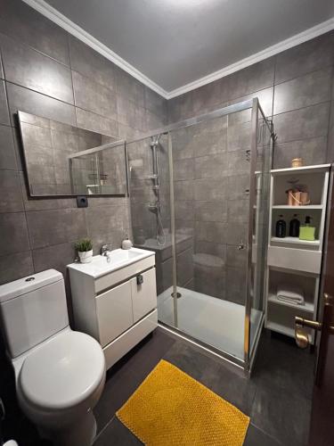 a bathroom with a toilet and a shower and a sink at Apartamento próximo da praia e do centro da cidade in Póvoa de Varzim