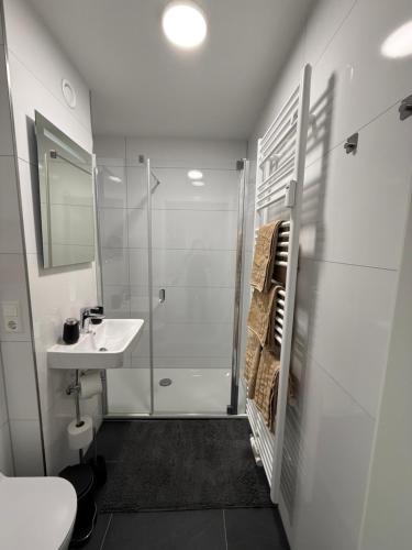 a white bathroom with a sink and a shower at Ferienwohnung Evelina in Bad Neuenahr-Ahrweiler