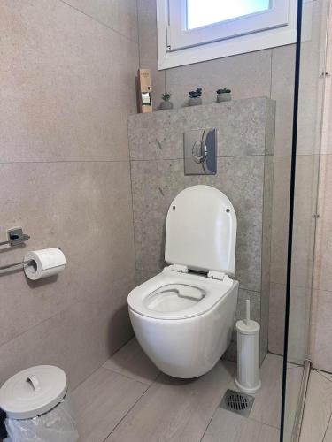 a bathroom with a white toilet and a window at Ktima Anna in Astris