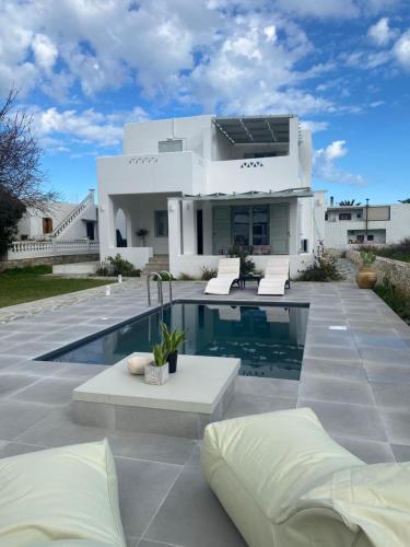a house with a swimming pool in front of it at Zandre Luxury Suites in Skiros