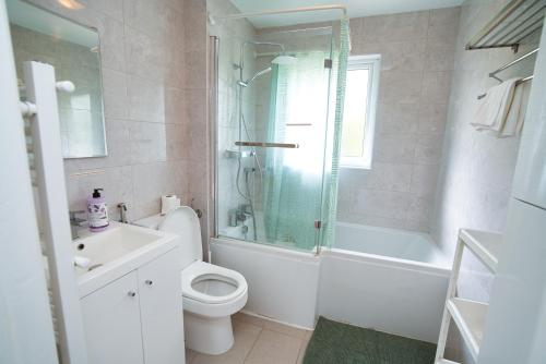 a bathroom with a toilet and a shower and a sink at Home close to city center home in Milton Keynes