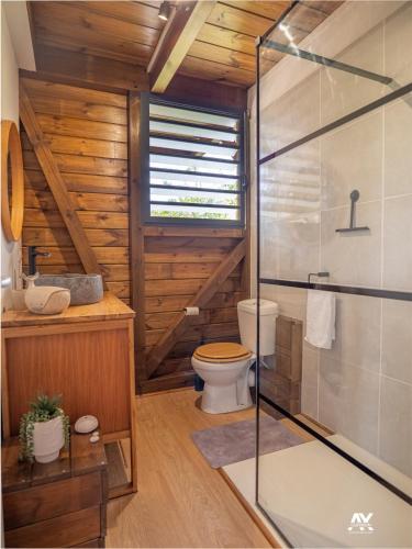 a bathroom with a toilet and a glass shower at Bungalow en duplex avec Jacuzzi in Sainte-Rose