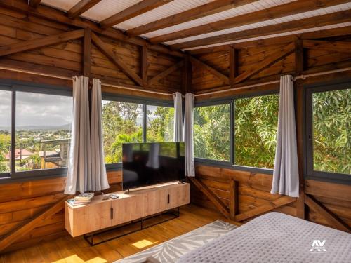 a bedroom with a flat screen tv and windows at Bungalow en duplex avec Jacuzzi in Sainte-Rose