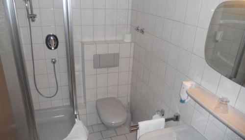 a bathroom with a shower and a toilet and a sink at Hotel am Hexenturm in Jülich