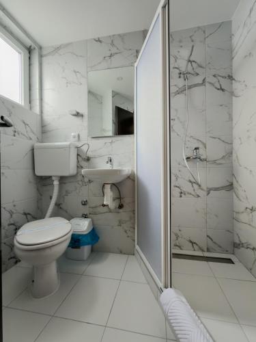 a bathroom with a toilet and a sink and a shower at Hotel Petrus in Paraćin