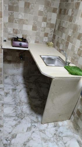 a bathroom with a sink with a green brush at الشريف in Irbid