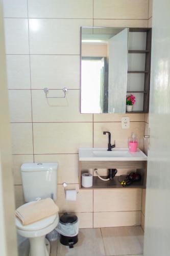 a bathroom with a toilet and a sink and a mirror at Chalé 10 min do centro in Gramado