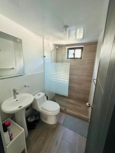 a bathroom with a white toilet and a sink at Residencia tropical jardines 3 in Punta Cana