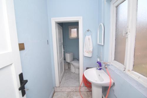 a blue bathroom with a sink and a toilet at Amasra Kerem Apart in Amasra