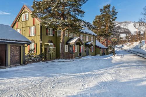 a house in the snow with a snow covered street at Geilo Mountain Lodge in Geilo