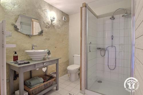 a bathroom with a shower and a sink and a toilet at Chez patricia in Ploubazlanec