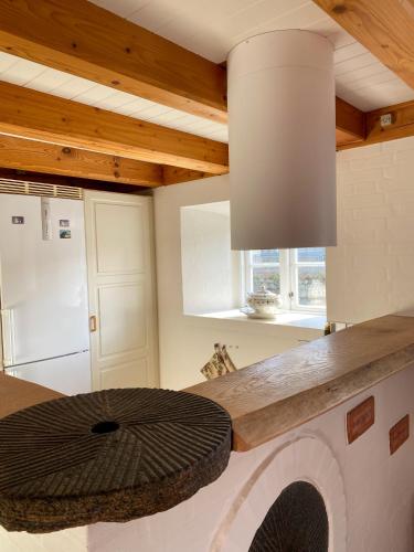 a kitchen with a counter top and a refrigerator at The Mill House - Saeby Watermill in Sæby