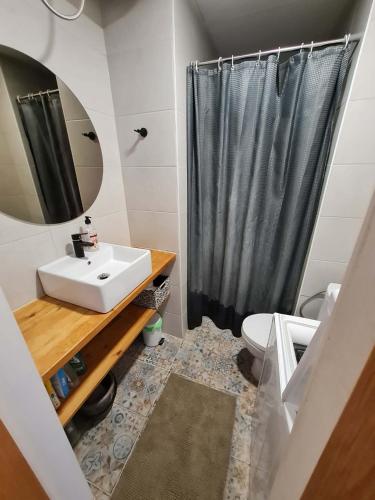 a bathroom with a sink and a shower curtain at Kuressaare kesklinn, Turu Apartment in Kuressaare