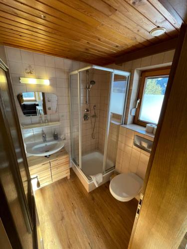 a bathroom with a shower and a toilet and a sink at Gästehaus Hauser in Bach
