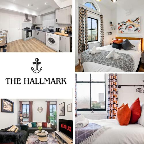 a collage of photos of a kitchen and a hotel room at The Hallmark Birmingham City Flat in Birmingham