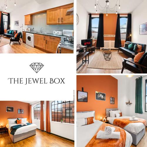 a collage of four photos of a hotel room at Spacious Birmingham City Apartment in Birmingham
