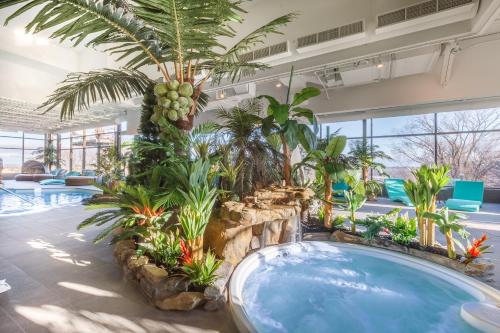 a room with a large pool with a bunch of plants at Hôtel Le Concorde Québec in Quebec City