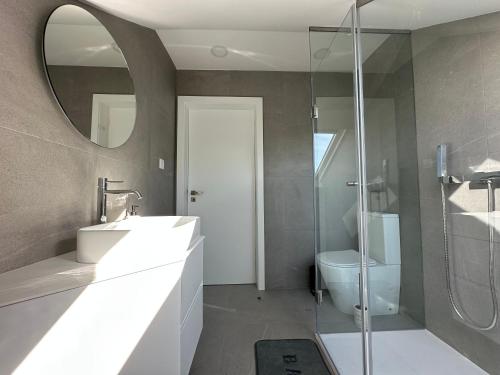 a bathroom with a sink and a toilet and a mirror at Loft Azeméis in Oliveira de Azemeis