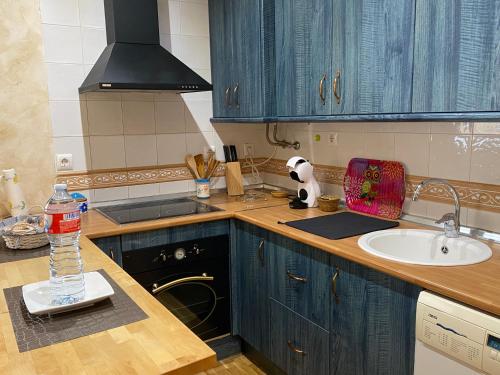a kitchen with blue cabinets and a sink at Apartamento La Plazuela in Almagro