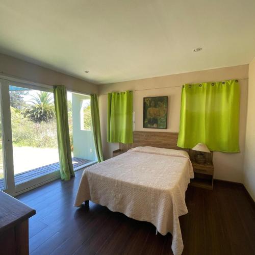 a bedroom with a bed with green curtains and a window at Rincon del Diario in Punta del Este
