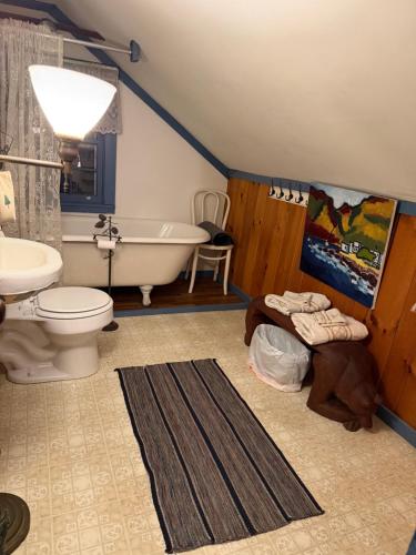 a bathroom with a tub and a toilet and a sink at Adirondack Butterfly Hillside in North Creek