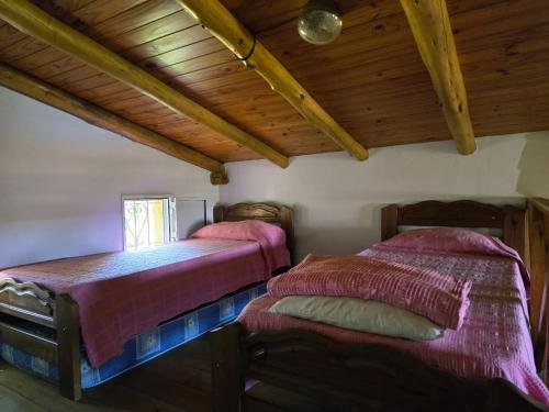 two beds in a room with wooden ceilings at Cabaña La Joaquina in Colón