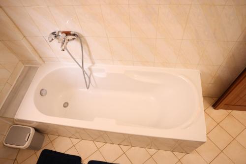 a bath tub with a faucet in a bathroom at Guesthouse Alemannia in Berat