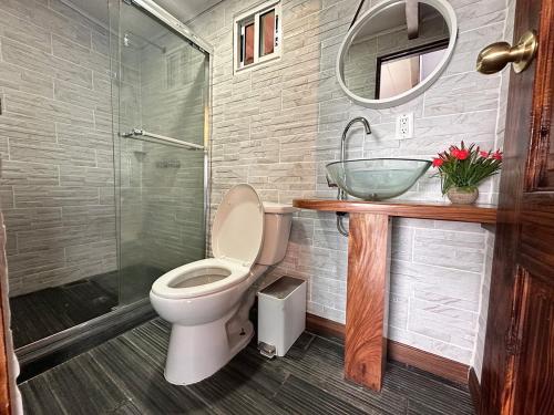 a bathroom with a toilet and a sink and a shower at Guanico Beach Resort in Tonosí