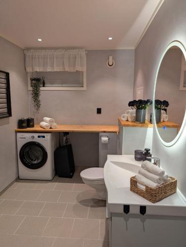 a bathroom with a sink and a washing machine at Leilighet in Bjørkheim