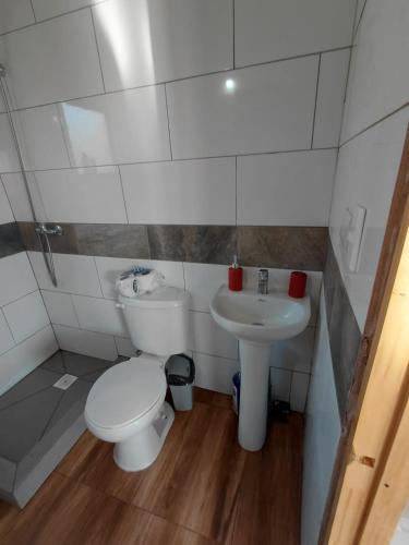 a white bathroom with a toilet and a sink at Cabaña7 in Neltume