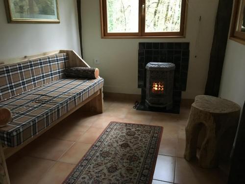 uma sala de estar com uma cama e uma lareira em Le Terrier Blanc em Argenton-sur-Creuse