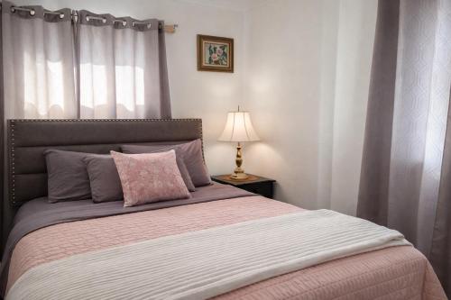 a bedroom with a bed with a pink blanket and a lamp at Annabelle in Hazel Park