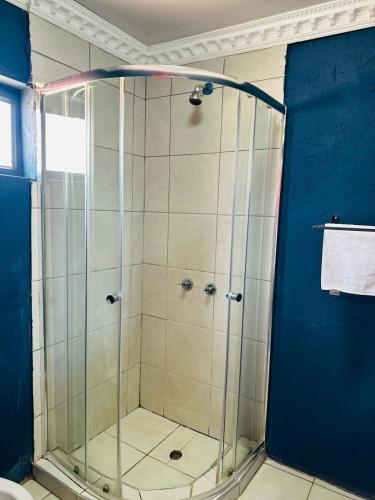 a shower with a glass door in a bathroom at Ndamu guesthouse in Vosburg