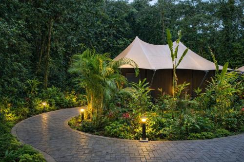 a tent in the middle of a road with lights at Tifakara by the Waterfall in Fortuna