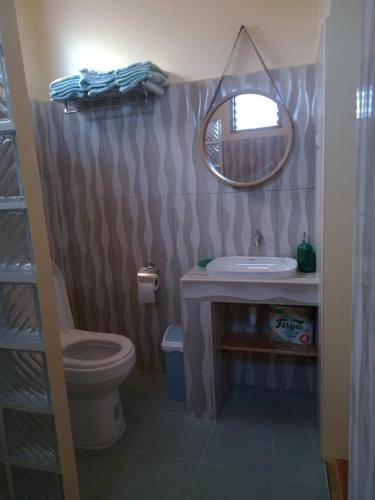 a bathroom with a sink and a toilet and a mirror at JJS BACKPACKERS VILLAGE in Siquijor