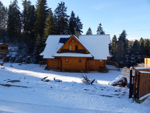 a log cabin with snow on its roof at Domek pod Howyzem in Łapsze Niżne