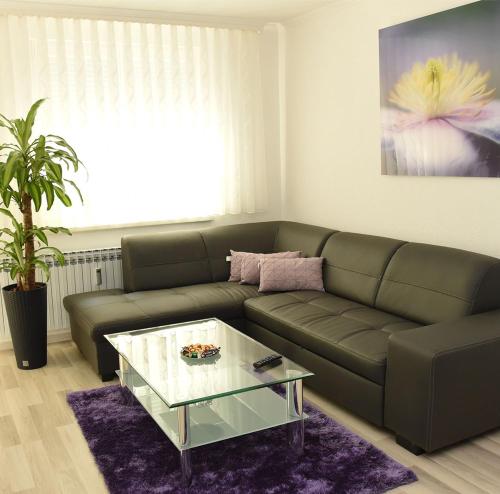 ein Wohnzimmer mit einem Sofa und einem Couchtisch aus Glas in der Unterkunft Angelina Apartment in Zaprešić